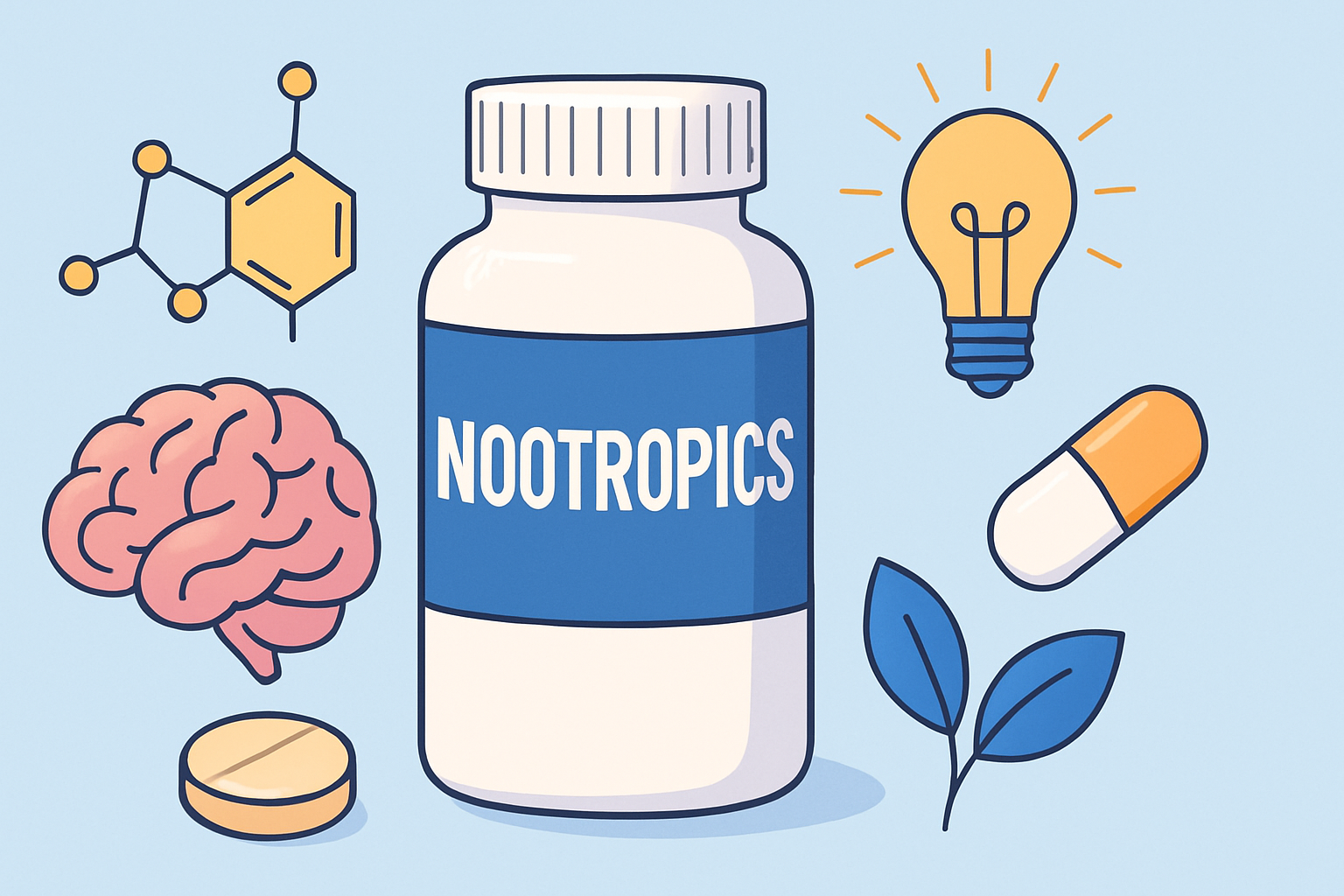 A clean, 2D digital illustration featuring a white bottle labeled “Nootropics” in the center. Surrounding it are icons representing cognitive enhancement, including a pink brain, a molecular structure, a glowing light bulb, a capsule pill, a round tablet, and green leaves. The background is light blue, giving the design a modern and minimal look.