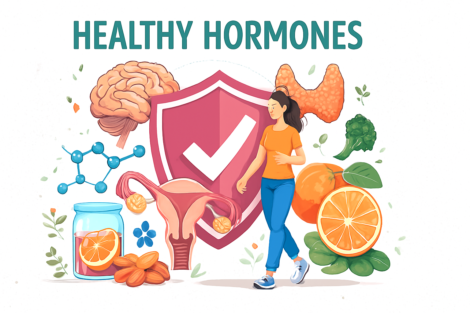 Illustration of a woman walking confidently with a large shield symbolizing protection behind her, surrounded by healthy hormone-related elements such as the brain, thyroid, uterus, molecular structures, fruits, almonds, and vegetables, with the title ‘Healthy Hormones’ at the top.
