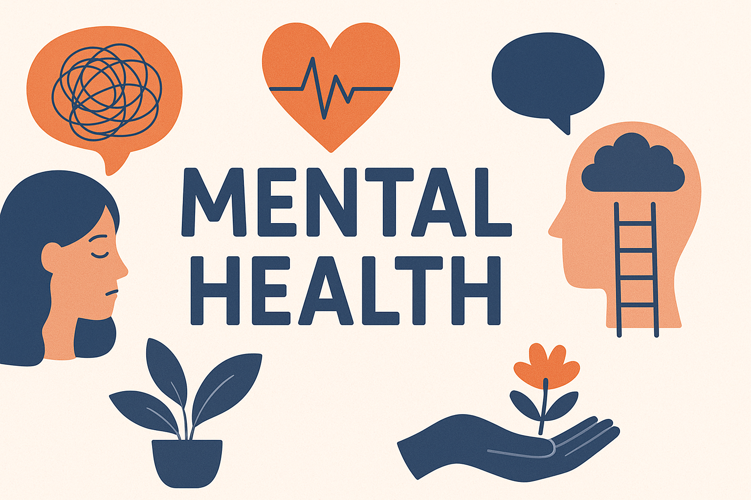A flat-style illustration showing the words “Mental Health” in bold blue text, surrounded by symbolic icons including a woman with a tangled thought bubble, a head with a cloud and ladder, a heart with an ECG line, a potted plant, and a hand holding a flower, all in soft beige, blue, and orange tones.