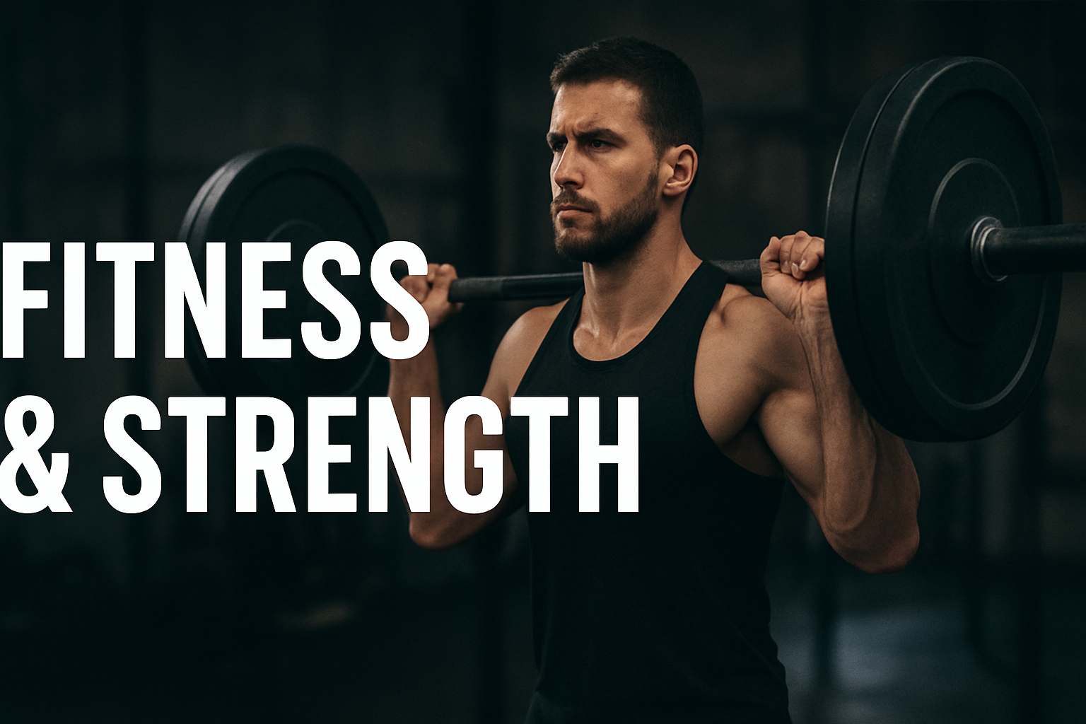A clean and sharp featured image showing a muscular man lifting a heavy barbell in a gym, with bold white text reading “Fitness & Strength” on the left side.