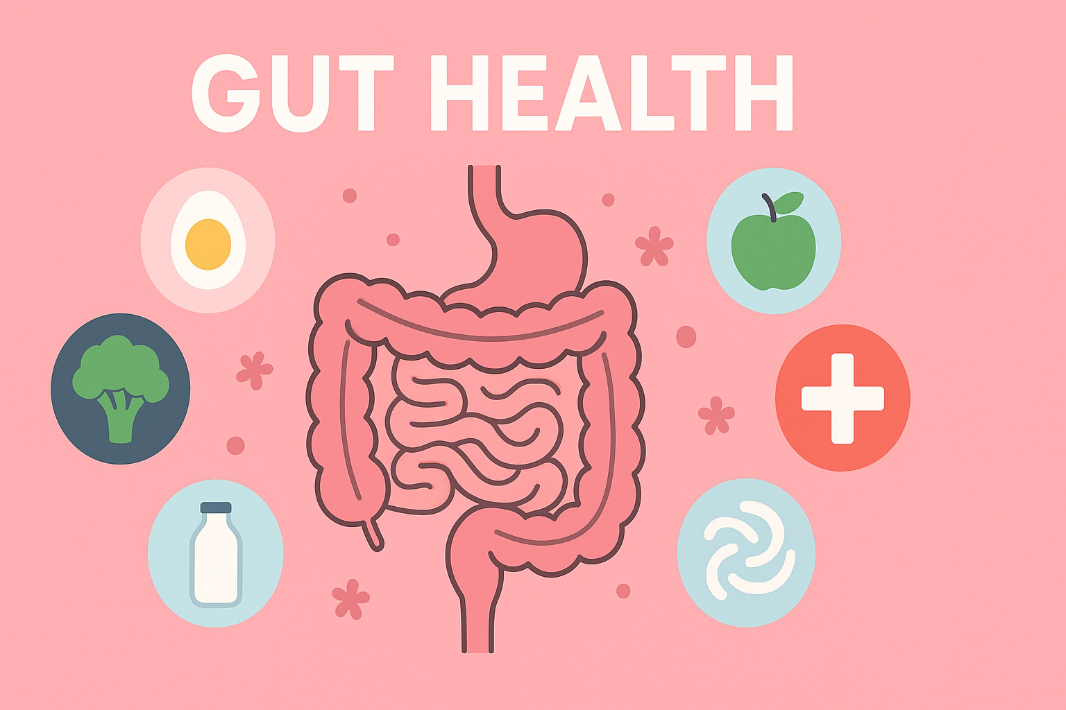 A flat-style illustration of the human digestive system centered on a pink background, surrounded by icons of gut-healthy items including an egg, broccoli, a bottle, an apple, a medical cross, and a probiotic symbol, with the title 'Gut Health' at the top.