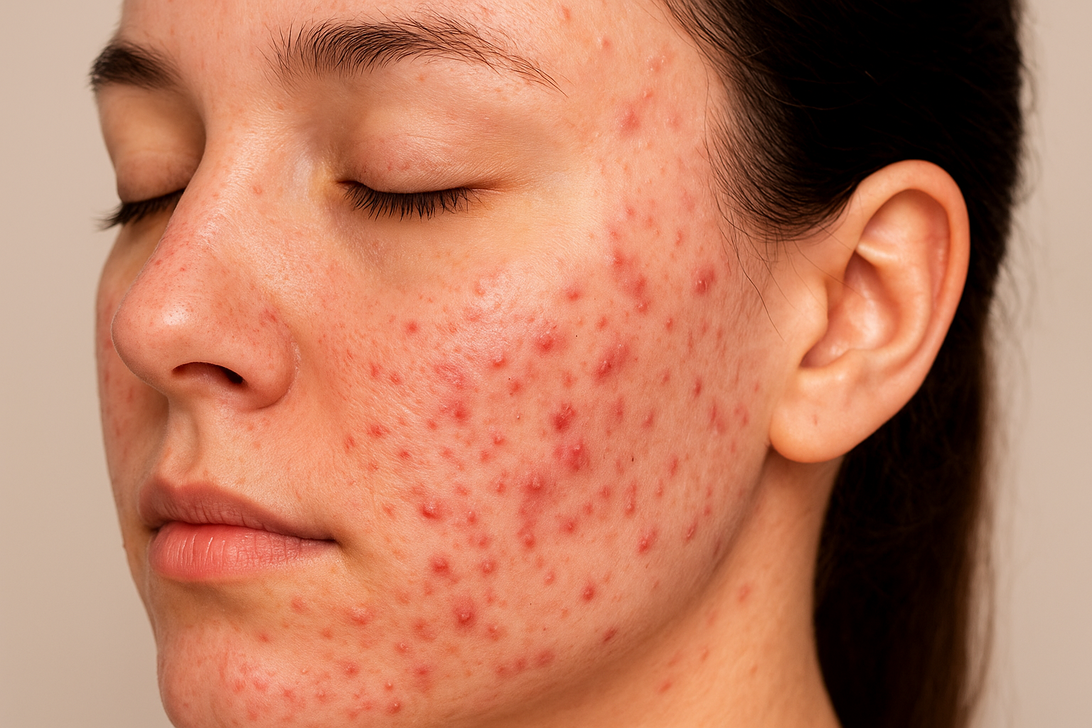 Clear close-up image showing facial acne, red pimples, and skin texture on a woman’s cheek, highlighting acne-prone skin concerns.