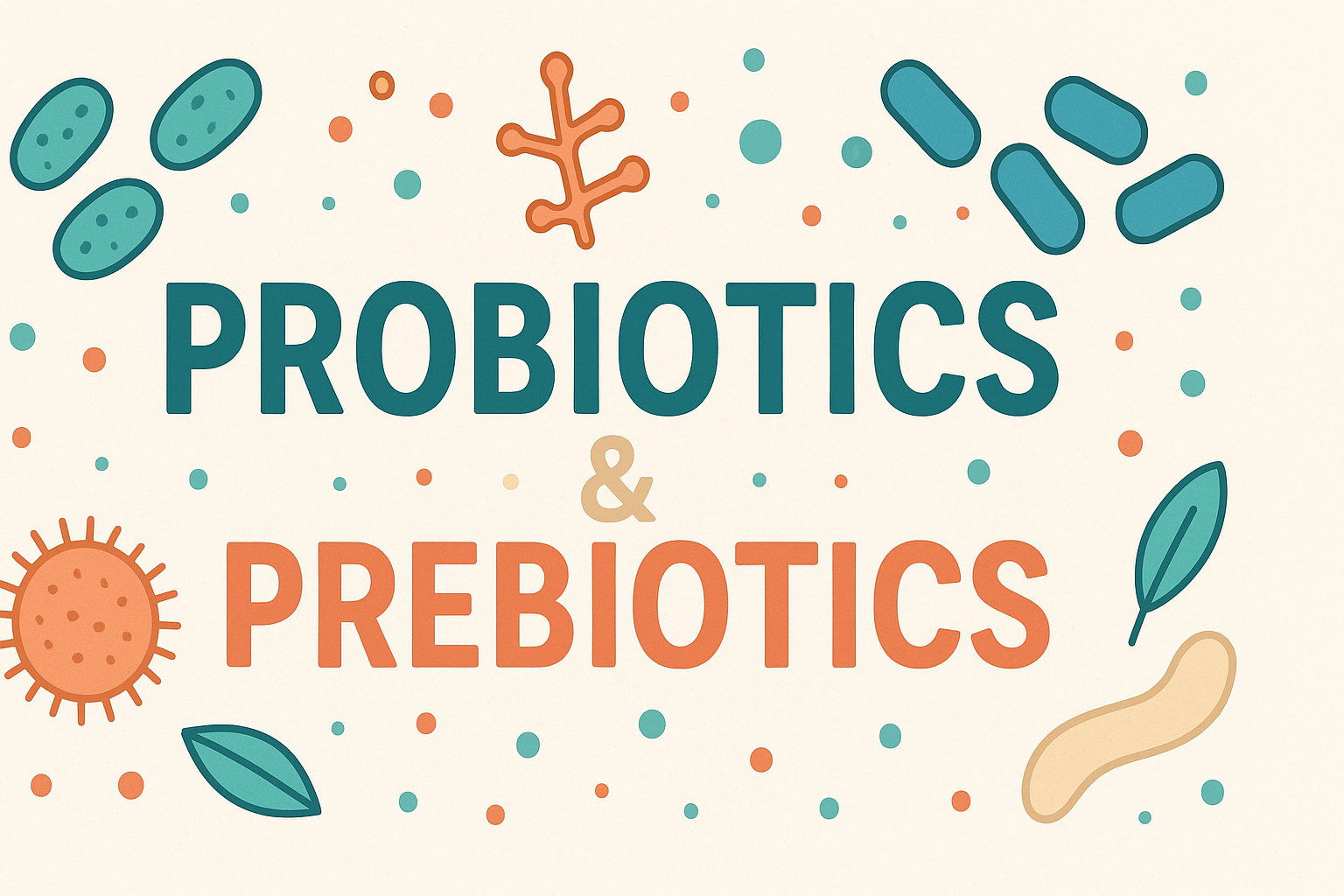 Probiotics and Prebiotics illustration showing healthy gut bacteria, friendly microorganisms, and natural fiber elements in a clean modern design, representing digestive health and gut balance.