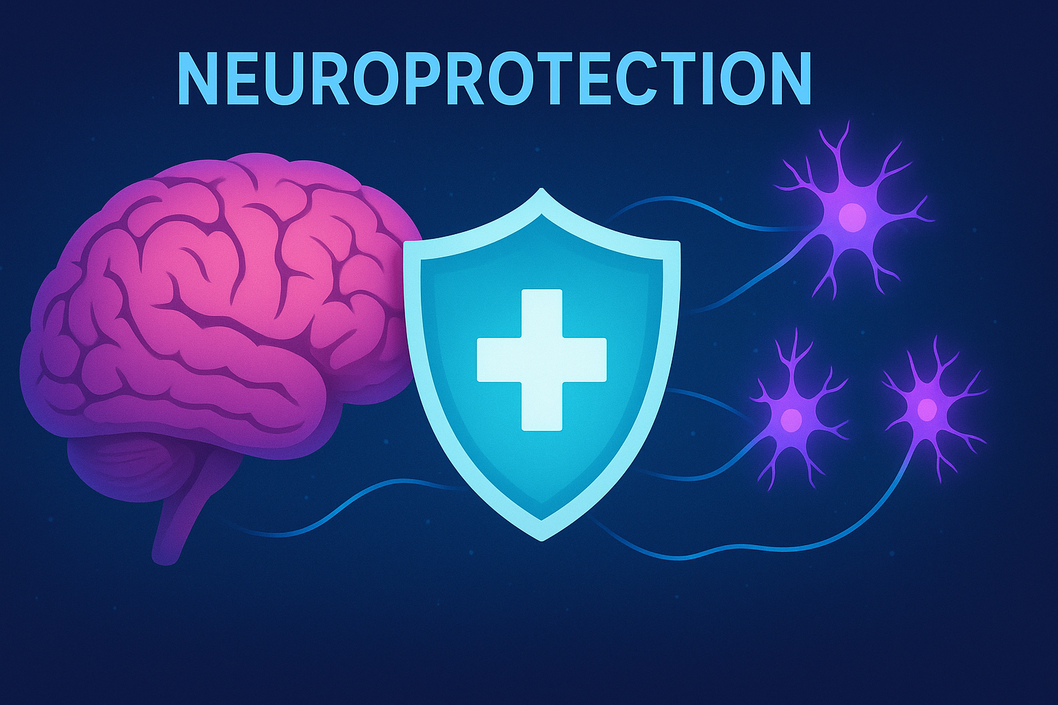 Illustration of a human brain with a protective shield and glowing neurons, representing the concept of neuroprotection.