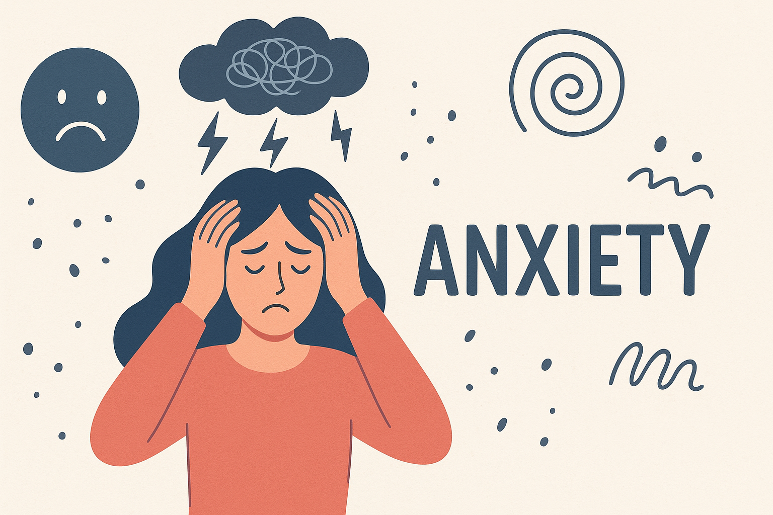 Illustration of a person holding their head with a worried expression, surrounded by abstract shapes like a storm cloud, lightning, and spirals, symbolizing feelings of anxiety. The word ‘Anxiety’ appears on the right side.