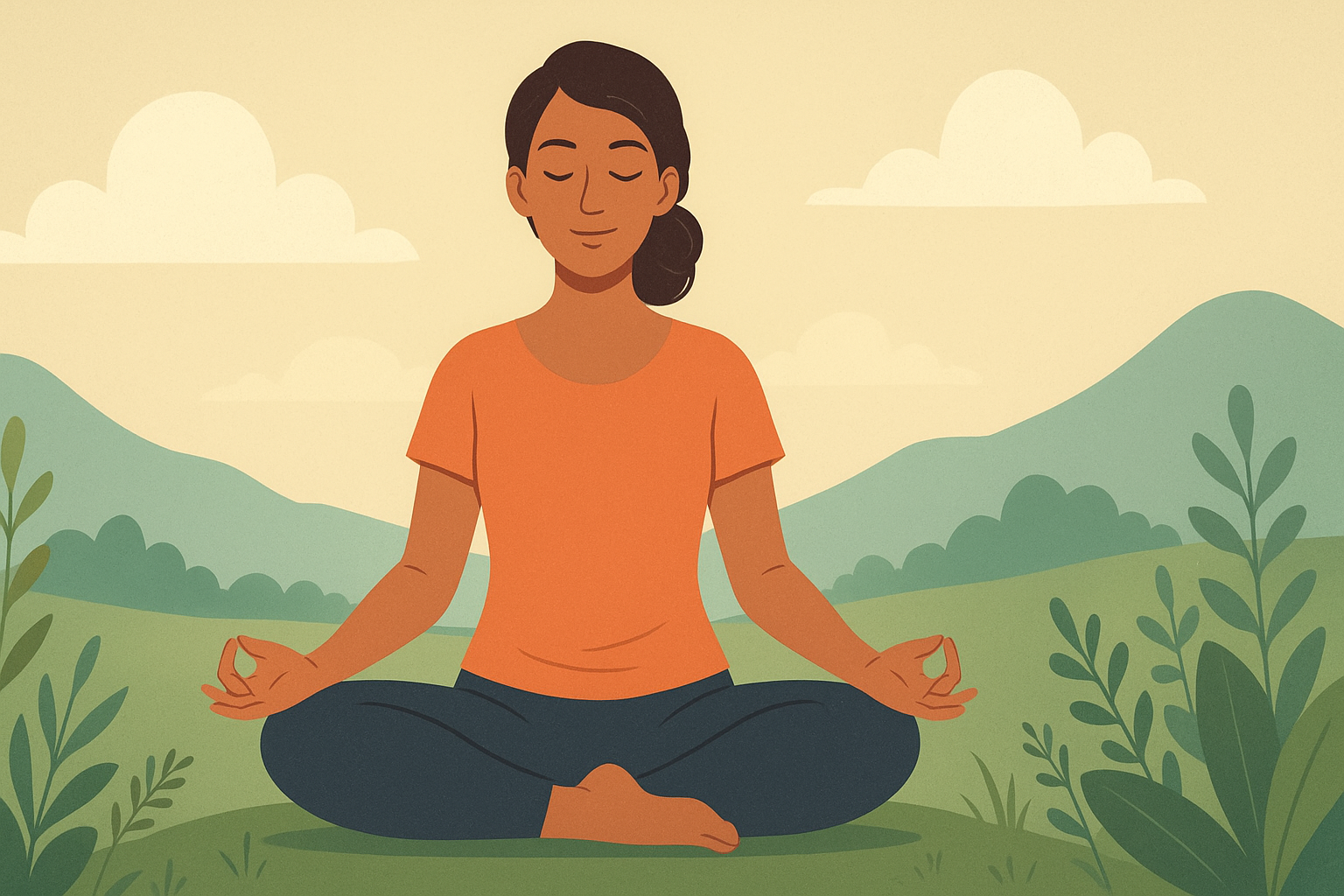 A woman sitting cross-legged outdoors, practicing mindfulness meditation with eyes closed, surrounded by greenery and calm nature.