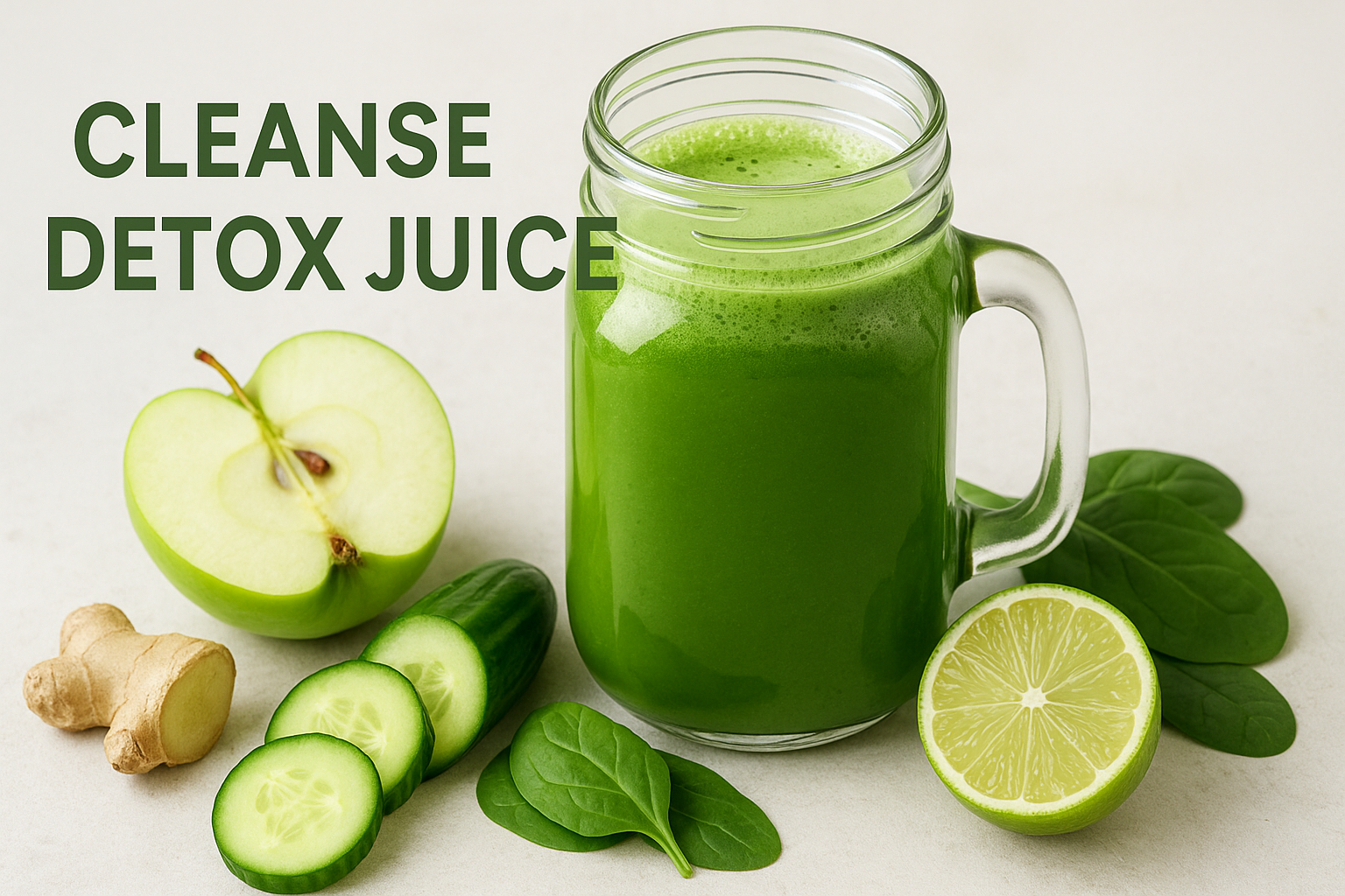 A glass jar filled with green detox juice placed on a table with green apple, cucumber slices, ginger, spinach leaves and half lime for freshness.