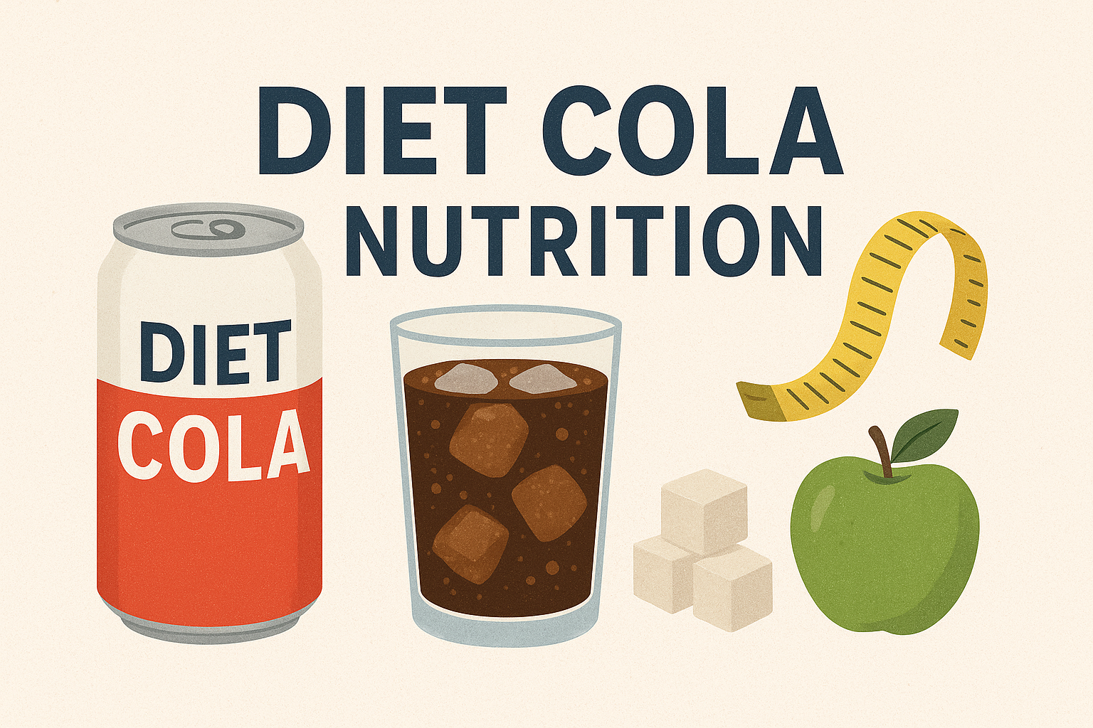 Illustration of diet cola nutrition featuring a diet cola can, a glass of cola with ice, sugar cubes, a green apple, and a measuring tape on a light background.