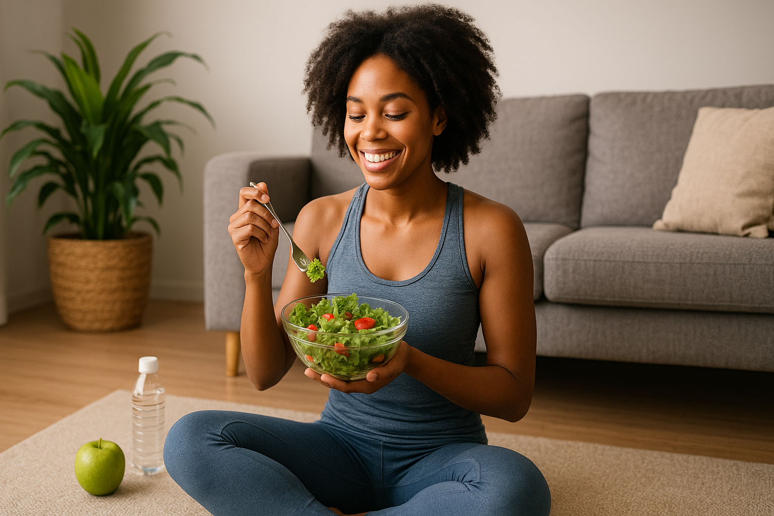A young woman in activewear sitting on a yoga mat indoors, smiling and eating a fresh salad, with a water bottle and green apple beside her, promoting a healthy lifestyle.