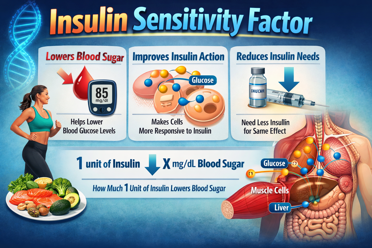 Educational infographic explaining the Insulin Sensitivity Factor, showing how insulin lowers blood sugar, improves insulin action in cells, and reduces insulin needs, with visuals of glucose entering muscle and liver cells, blood glucose meter, healthy lifestyle elements, and medical illustrations.