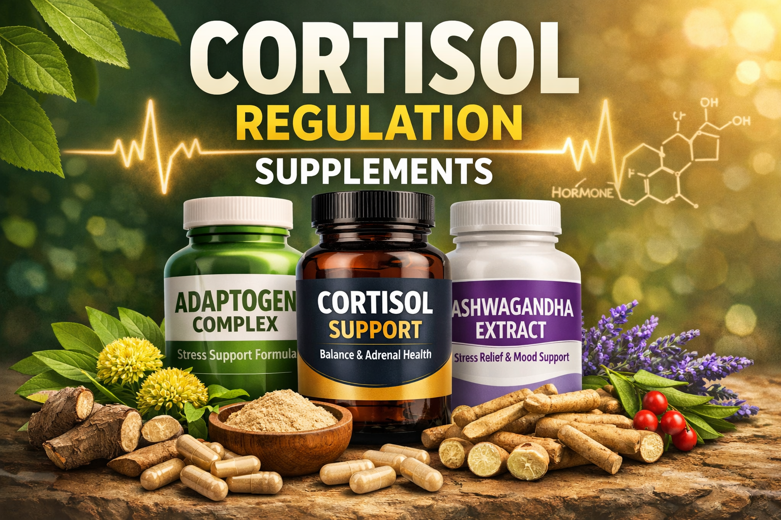 Cortisol regulation supplements displayed in three bottles with adaptogenic herbs like ashwagandha and lavender, natural green background.