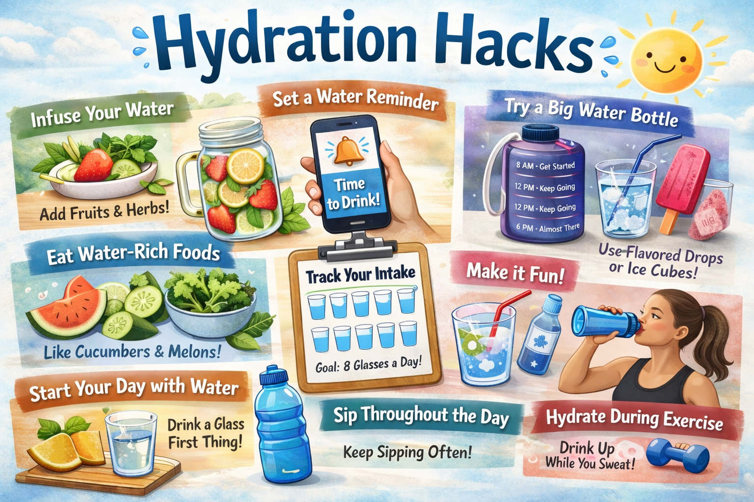 Hydration hacks infographic showing fruit-infused water, water-rich foods, drink reminders, and simple daily tips for staying hydrated.