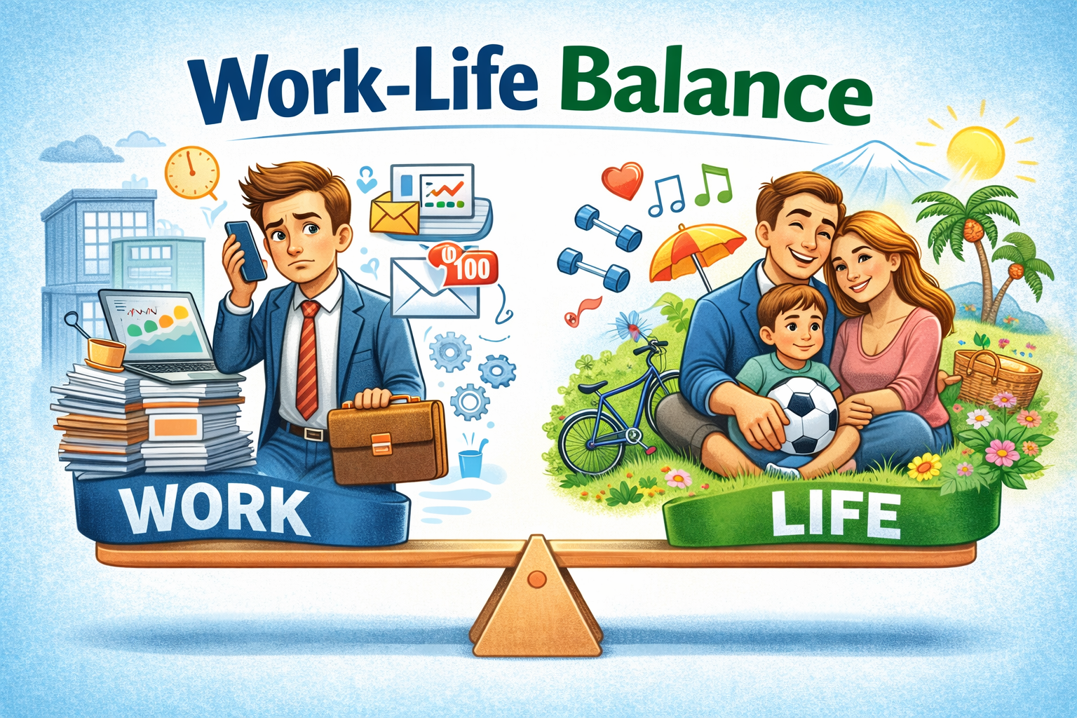 Work-life balance illustration showing a balanced seesaw with work on one side and life on the other. On the work side, a stressed office worker sits with a laptop, files, emails, and deadlines. On the life side, the same person relaxes happily with family in a green outdoor setting, symbolizing harmony between professional responsibilities and personal well-being.