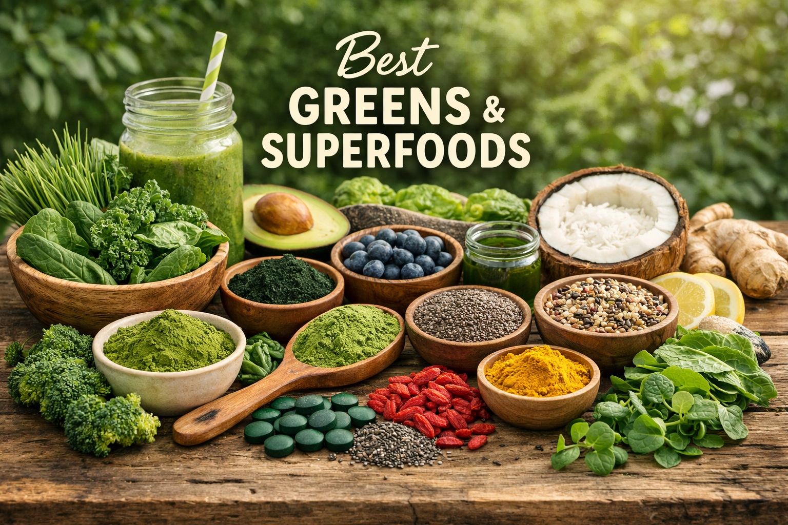 Best greens and superfoods arranged naturally with fresh leafy vegetables, powders, seeds, and fruits on a wooden table