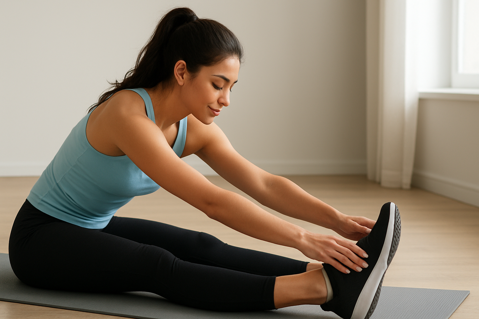 A young woman sitting on a yoga mat indoors, stretching forward to touch her feet during a fitness stretching exercise.