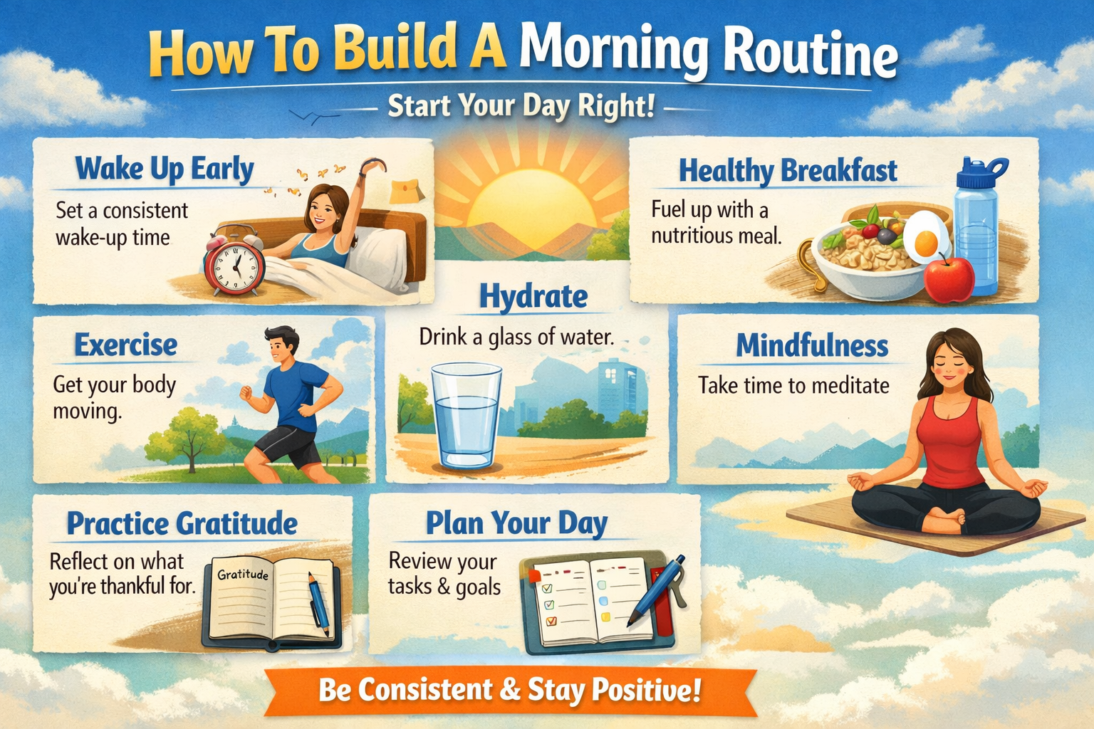 How To Build A Morning Routine” showing illustrated steps: wake up early, exercise, hydrate, eat a healthy breakfast, practice mindfulness, practice gratitude, and plan your day, set against a bright morning sky with sunrise and motivational design.