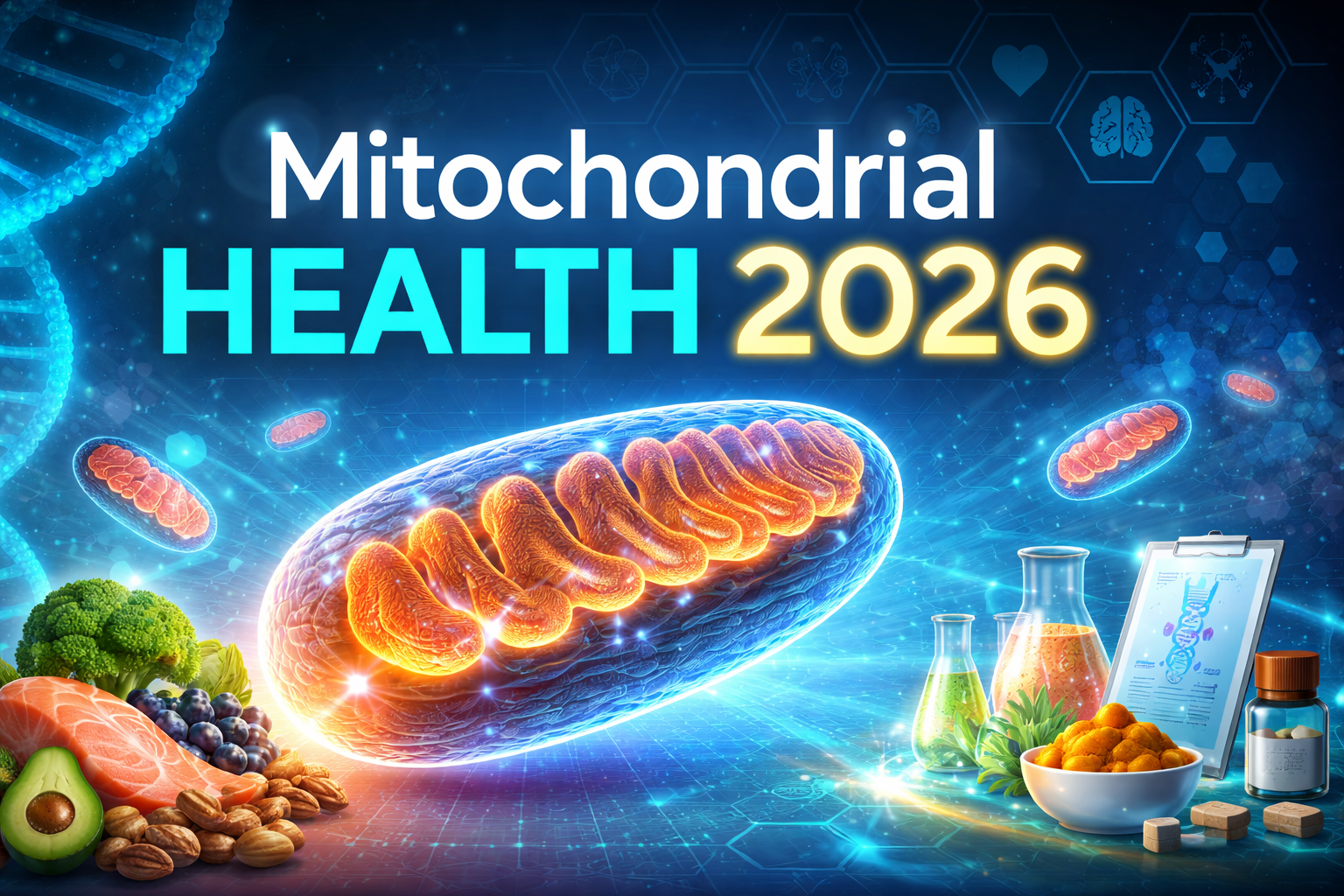 Mitochondrial health 2026 illustration showing cellular energy production, mitochondria structure, DNA, nutrition, and scientific research