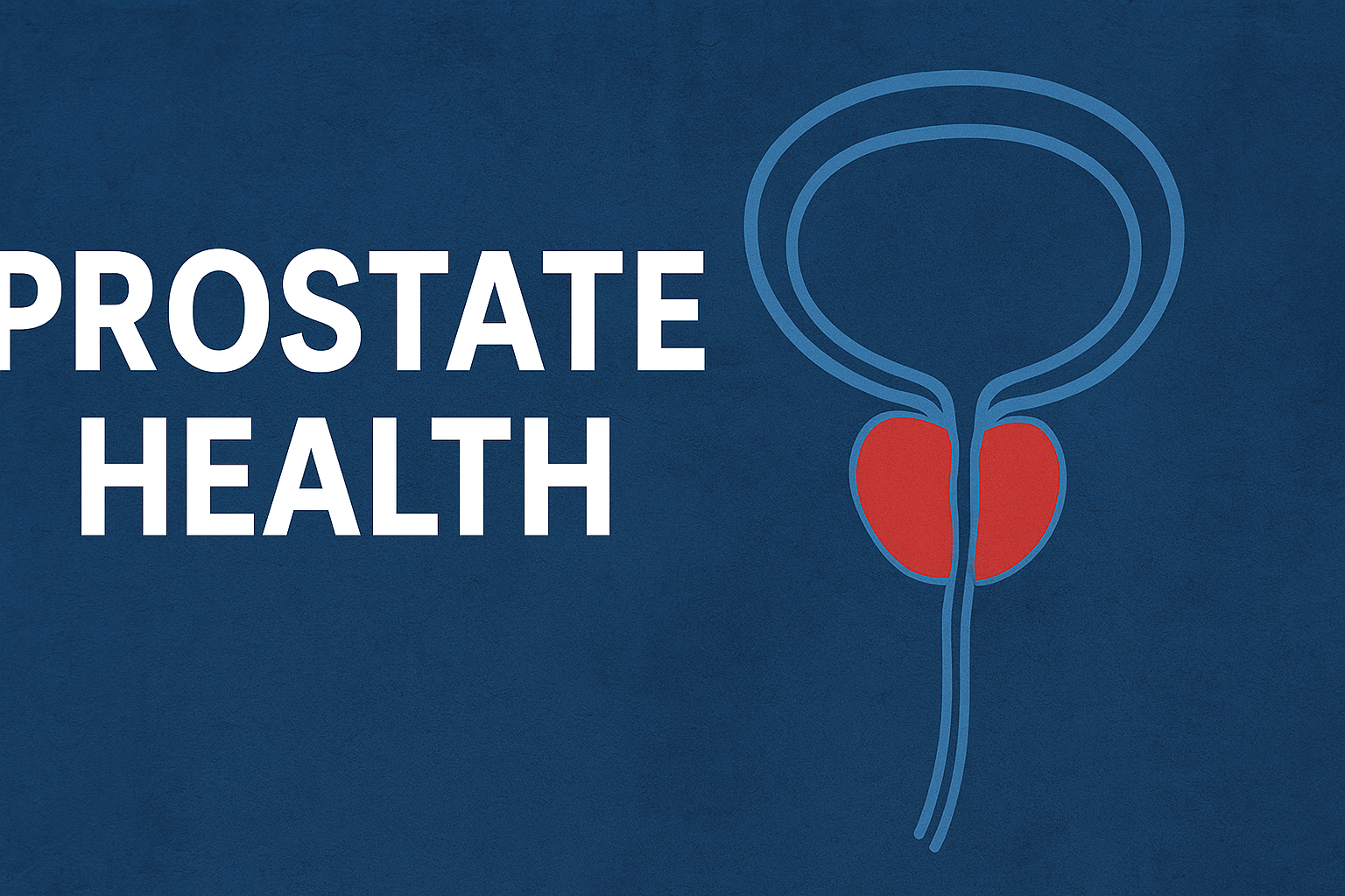 Professional illustration showing prostate health, with the prostate gland highlighted in red and the male urinary system outlined. Text 'Prostate Health' appears on a blue background.