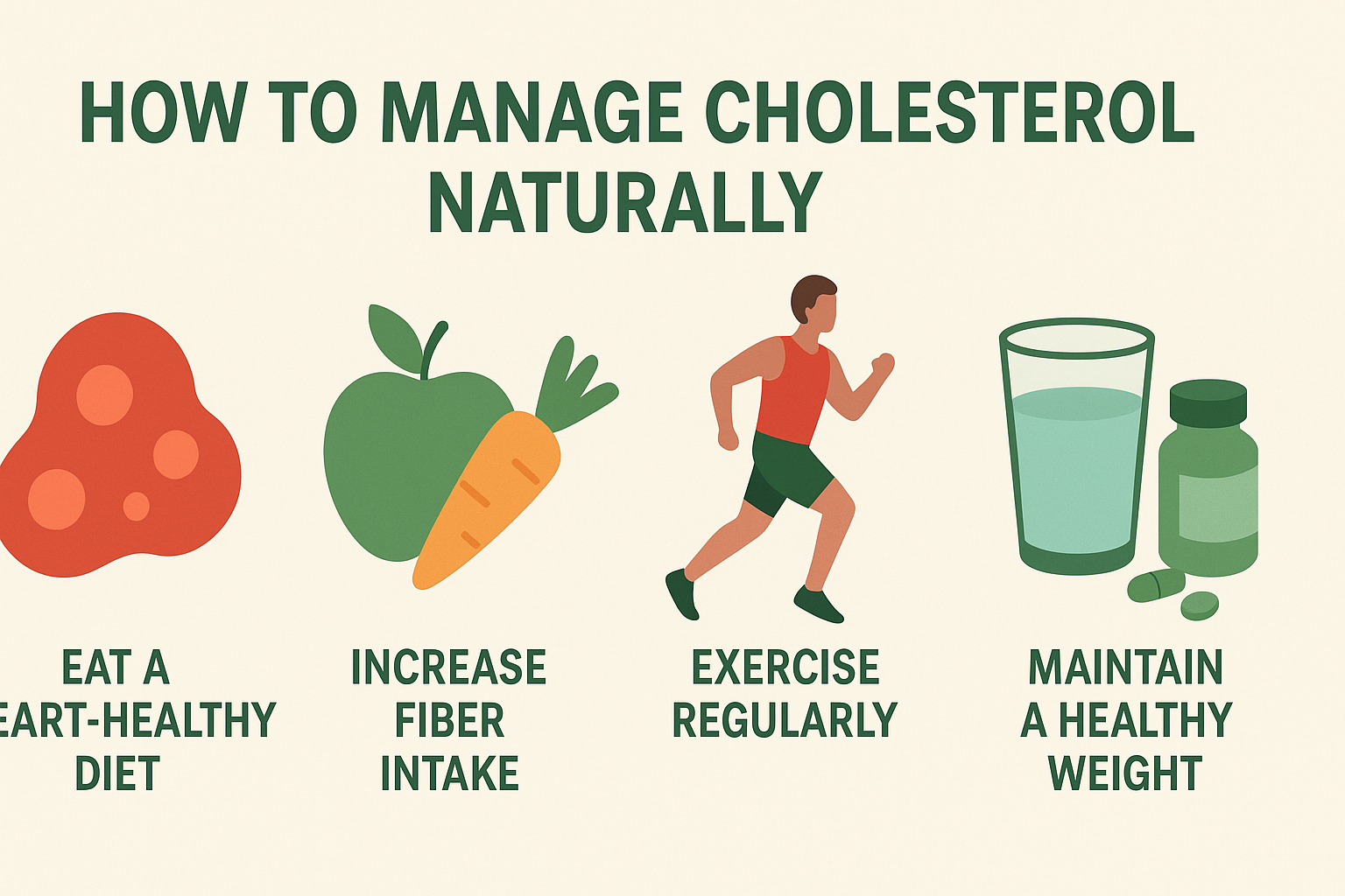 Illustration showing healthy foods like avocado, nuts, fruits, and vegetables around a heart symbol, representing natural ways to manage cholesterol.