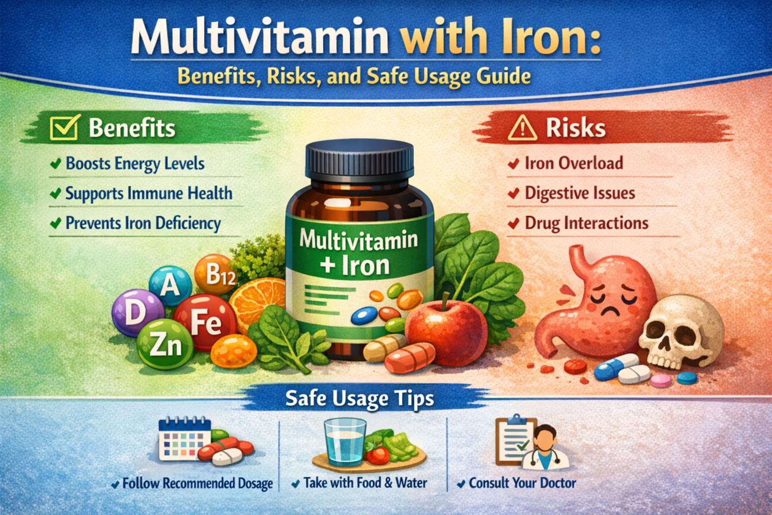 Infographic showing a multivitamin with iron bottle in the center, highlighting benefits (boosts energy, supports immunity, prevents iron deficiency), risks (iron overload, digestive issues, drug interactions), and safe usage tips (follow recommended dosage, take with food and water, consult a doctor), with vitamin icons, fruits, and health symbols on a blue-green background.
