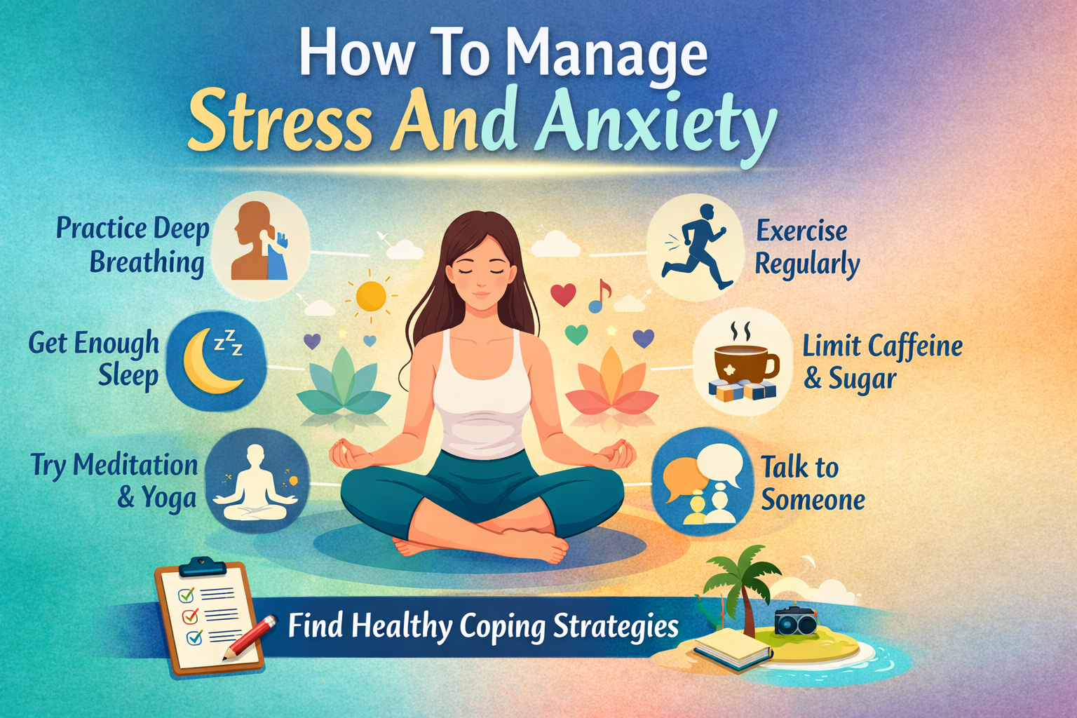 Illustration showing calm techniques to manage stress and anxiety, including deep breathing, meditation, healthy lifestyle habits, and mental wellness balance.