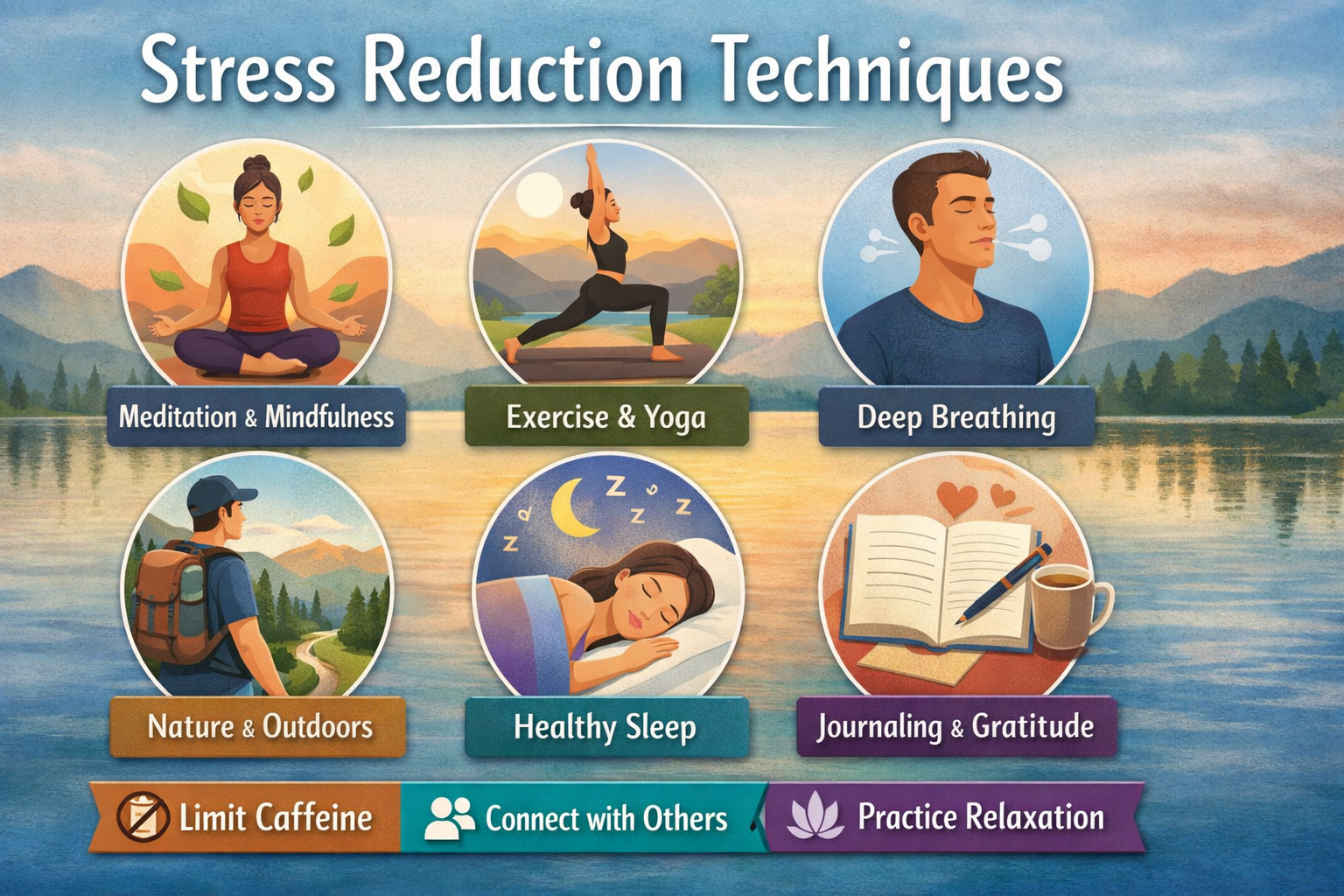 Illustrated infographic showing stress reduction techniques including meditation, yoga, deep breathing, nature walks, healthy sleep, and journaling in a calm, soothing landscape.