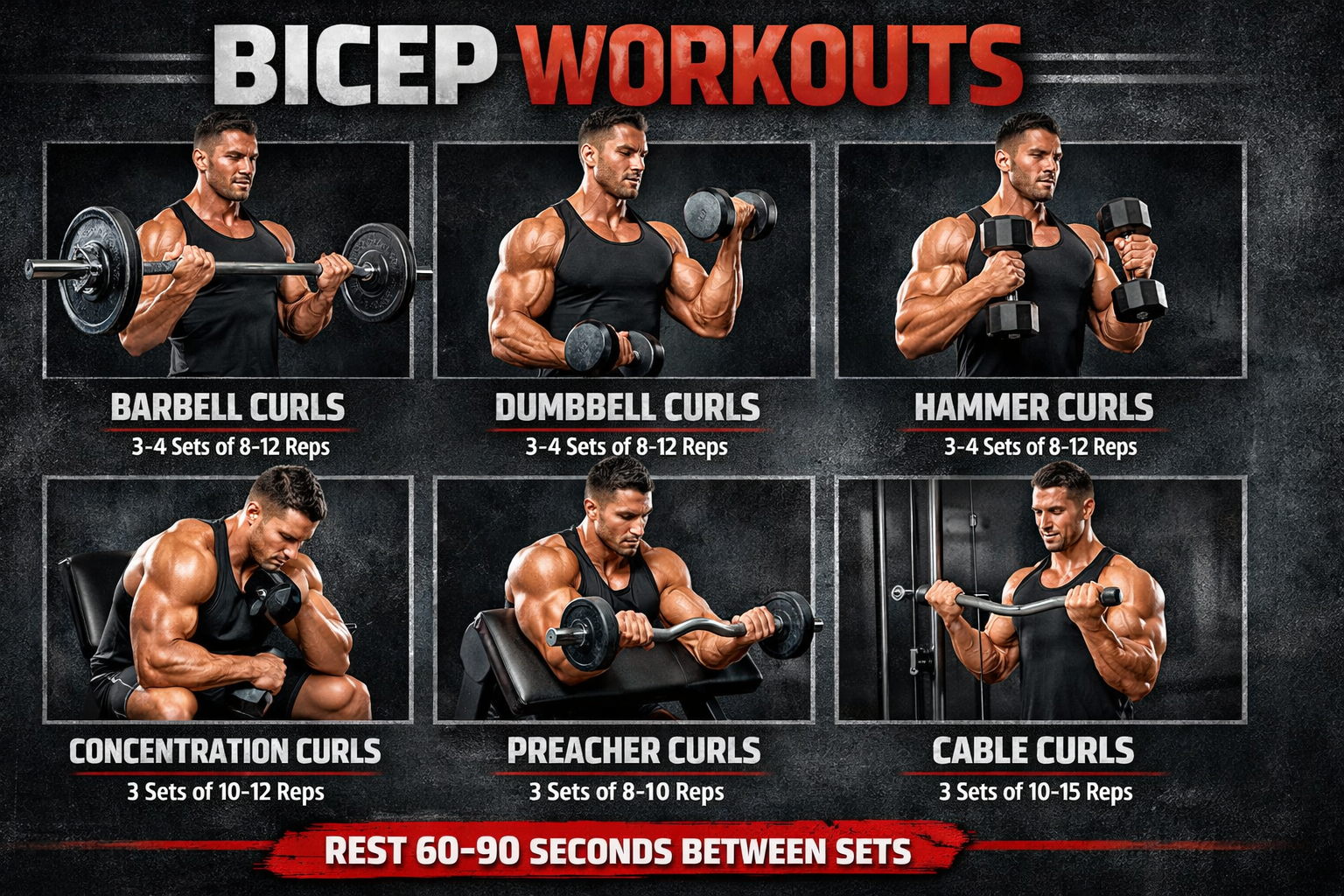 Bicep workout infographic showing six exercises barbell curls, dumbbell curls, hammer curls, concentration curls, preacher curls, and cable curls with a muscular man demonstrating each movement, along with recommended sets and reps on a dark fitness-themed background.
