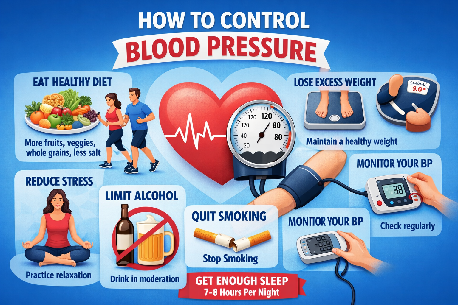 How to Control Blood Pressure’ showing a heart and blood pressure gauge in the center, with tips around it: eat a healthy diet, exercise regularly, lose excess weight, reduce stress, limit alcohol, quit smoking, monitor blood pressure, and get 7–8 hours of sleep.