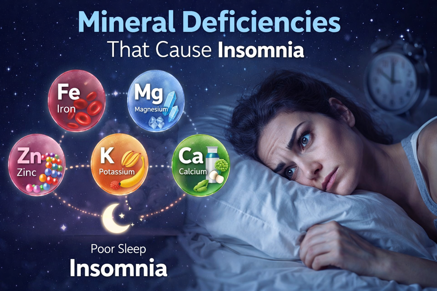 Infographic showing mineral deficiencies that can cause insomnia. A woman lies awake in bed looking distressed. Five circular icons highlight key minerals: Iron (Fe), Magnesium (Mg), Zinc (Zn), Potassium (K), and Calcium (Ca). The background is a soothing blue night sky with a clock and moon, illustrating poor sleep.