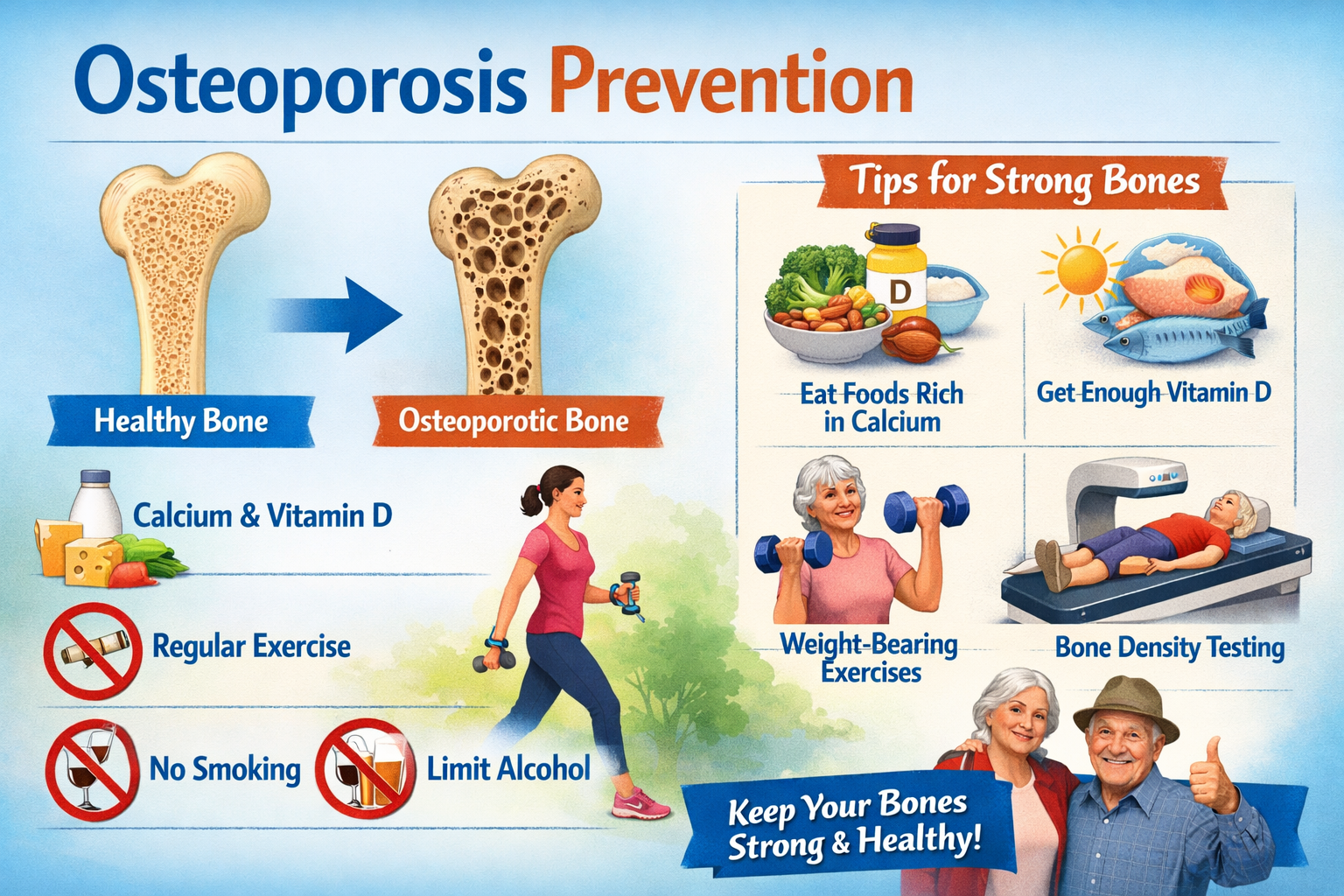 Osteoporosis prevention banner illustrating strong healthy bones, calcium-rich foods, sunlight for vitamin D, and weight-bearing exercise icons in a clean, medical-style design.