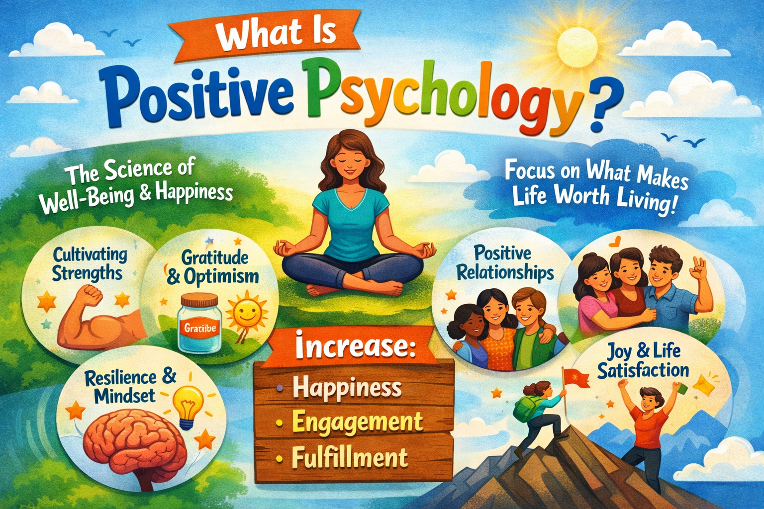 Illustration representing Positive Psychology with diverse people smiling, practicing mindfulness, working together, and enjoying nature, symbolizing happiness, well-being, and personal growth, with subtle icons of brain, heart, and growth in the background.