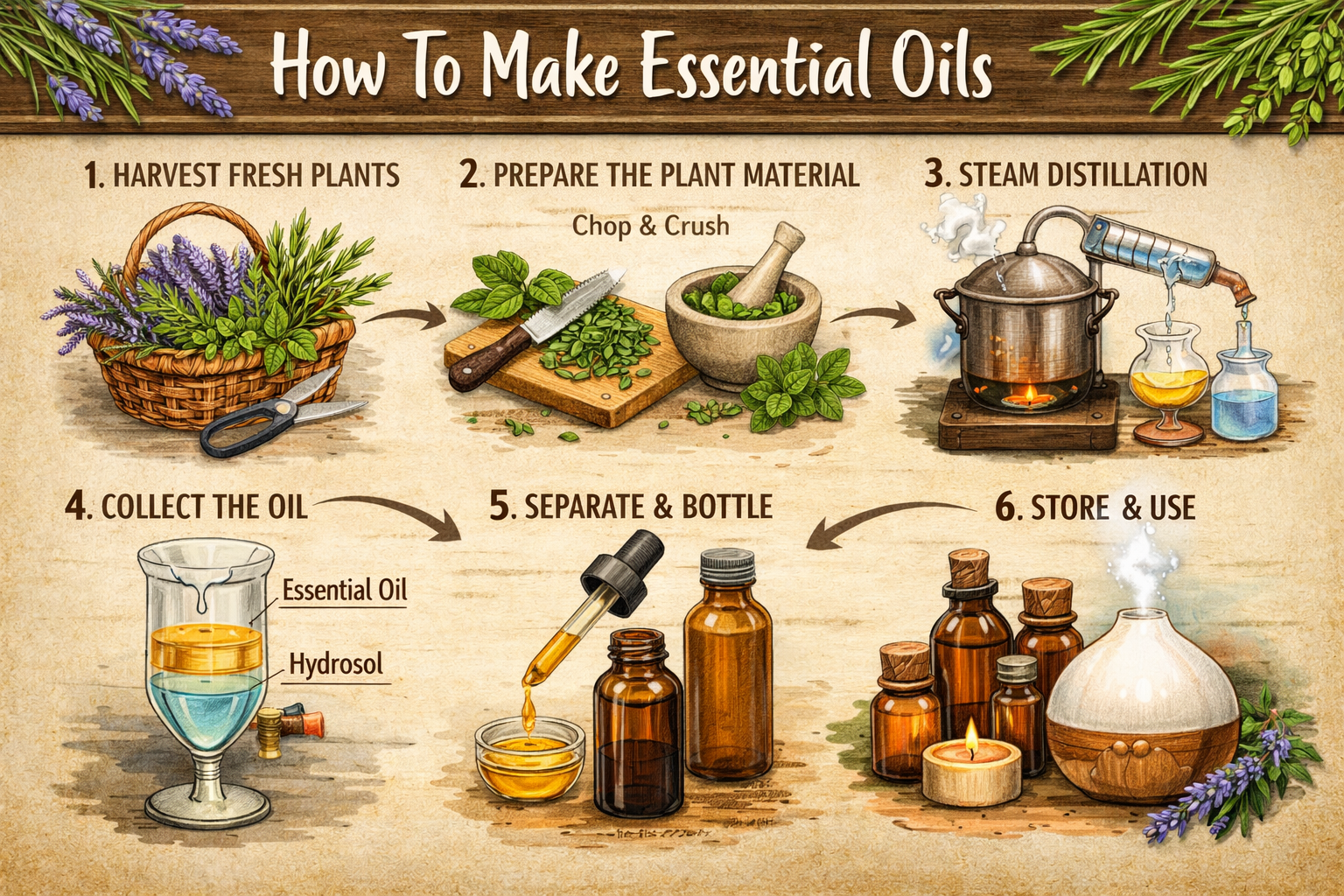 Infographic titled “How To Make Essential Oils” showing a step-by-step process: harvesting fresh plants, chopping and crushing leaves, steam distillation in a pot and condenser, collecting oil and hydrosol, separating and bottling the essential oil, and storing finished oils in amber bottles. Illustrated in a rustic, natural style.
