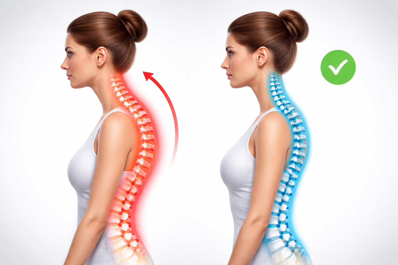 Medical illustration comparing correct and incorrect spine alignment in a side-view human silhouette, showing natural spinal curves versus poor posture.