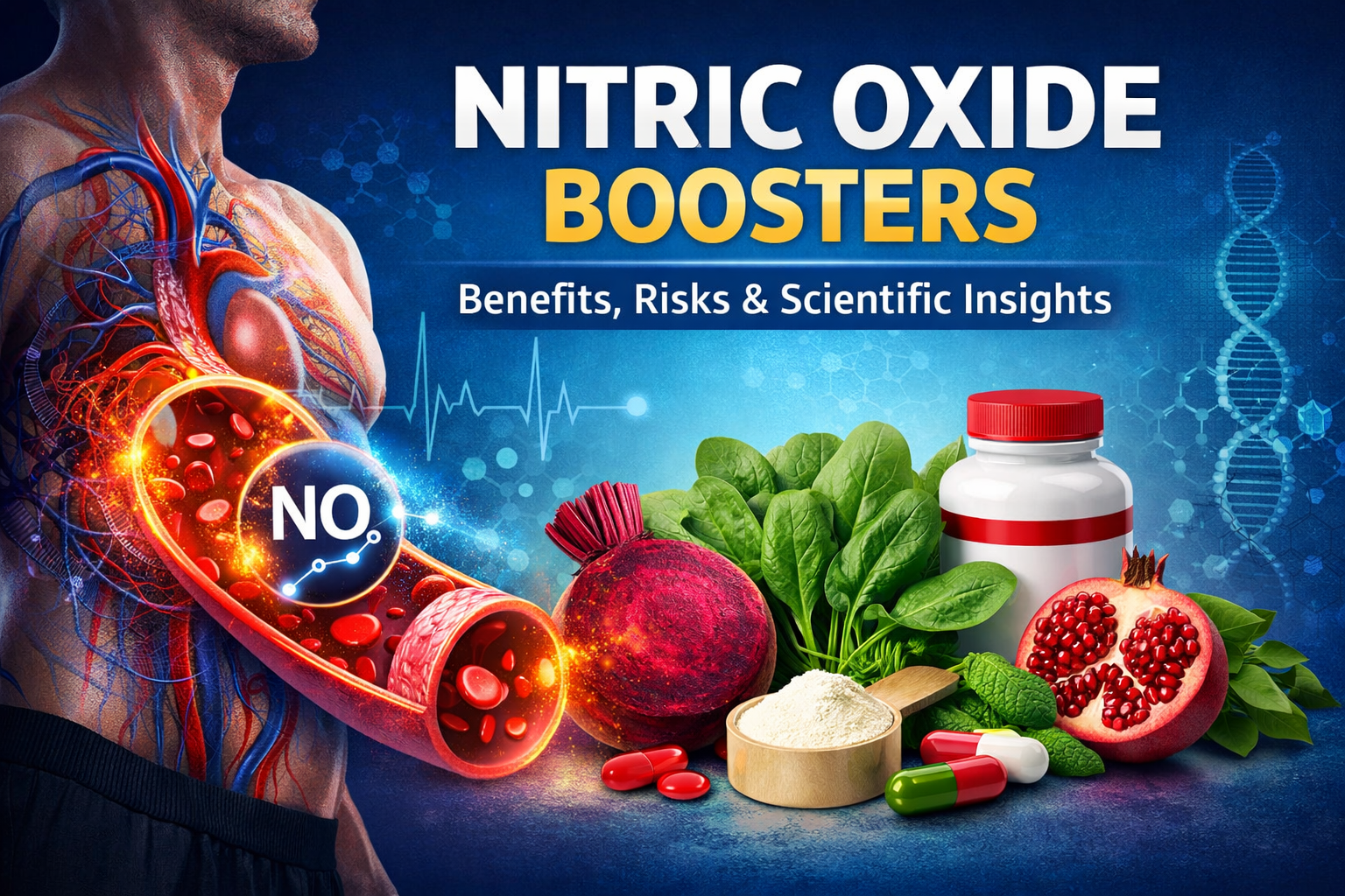 Illustration of Nitric Oxide Boosters showing a muscular torso with highlighted blood vessels, red blood cells, and a glowing NO molecule. Includes nitric oxide-rich foods and supplements like beetroot, spinach, pomegranate, L-arginine powder, and capsules, with a scientific background featuring DNA strands and a heartbeat line.