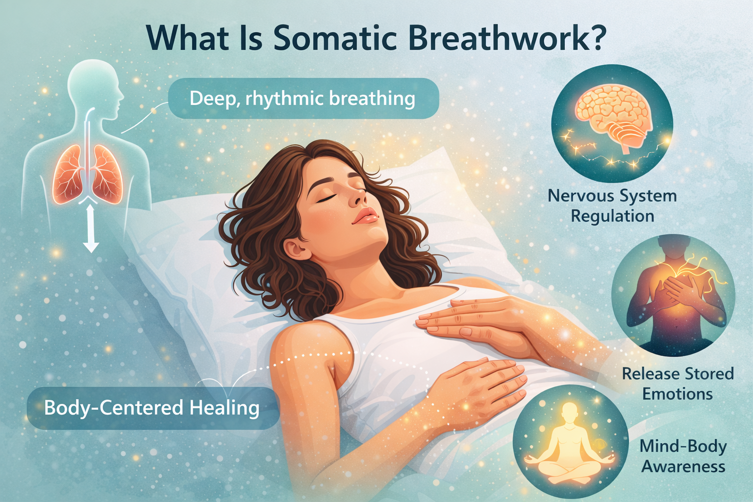 Illustration explaining somatic breathwork, showing a relaxed woman lying down practicing deep rhythmic breathing, with visual icons representing nervous system regulation, emotional release, mind-body awareness, and body-centered healing.