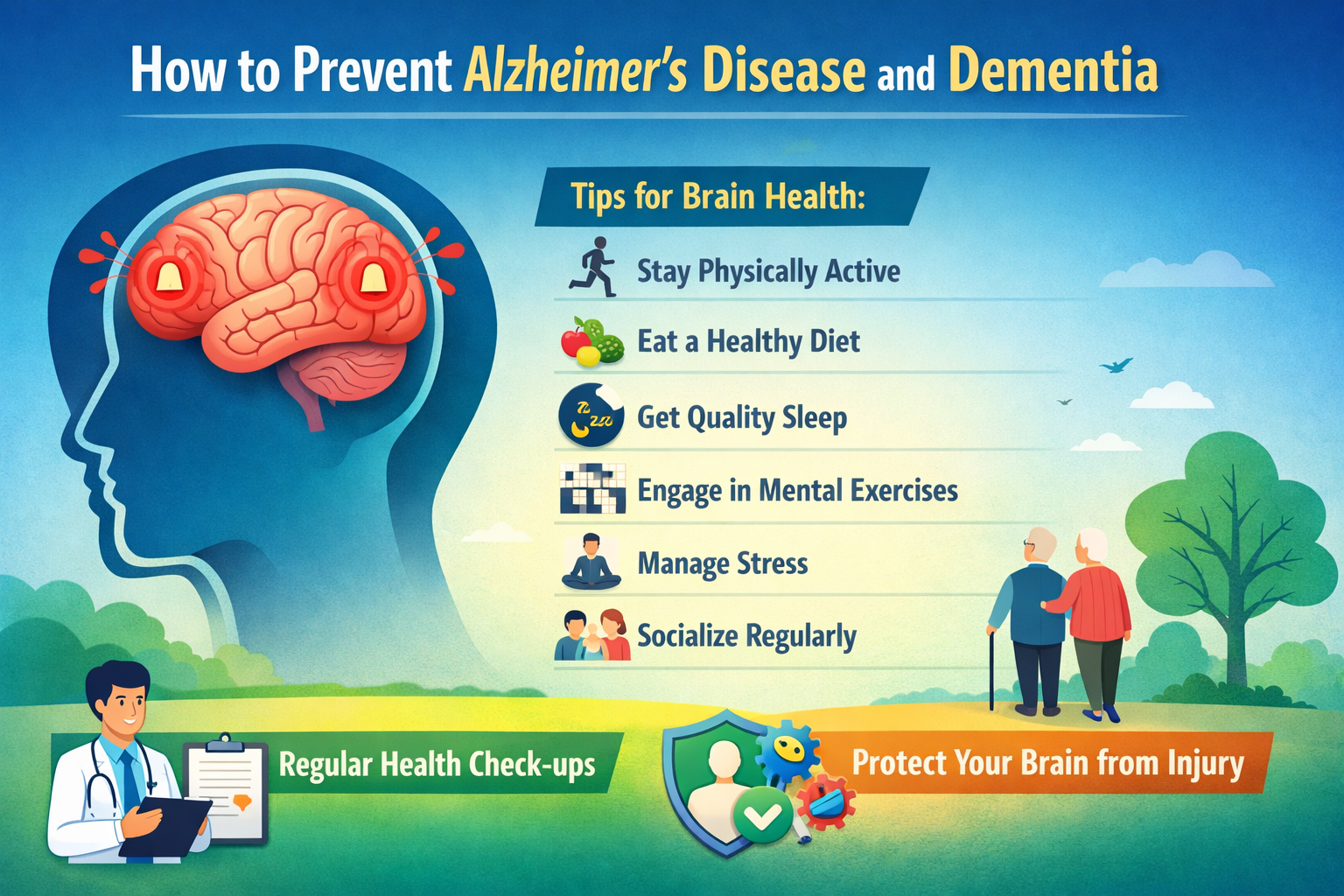 Illustration showing tips to prevent Alzheimer’s disease and dementia, including brain health, physical activity, healthy diet, quality sleep, mental exercises, stress management, socializing, and regular health checkups.