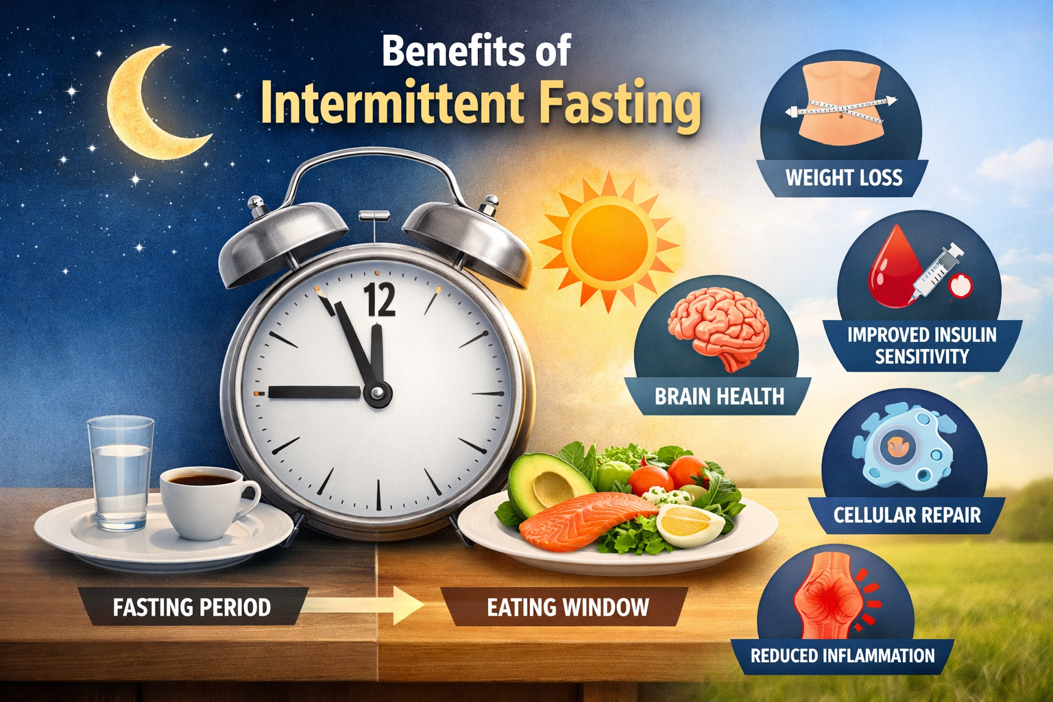 Benefits of intermittent fasting illustrated with a human silhouette highlighting fat burning, improved metabolism, heart health, brain function, and cellular repair in a clean medical-style design.