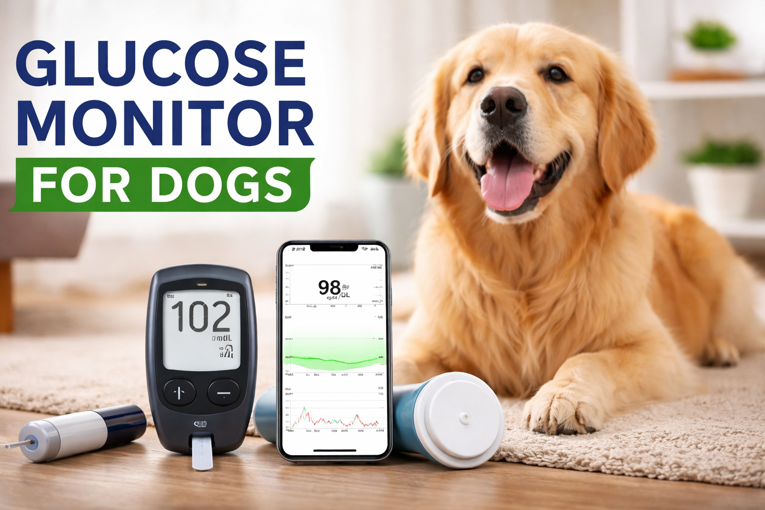 A happy golden retriever lying on a rug next to a glucose monitoring kit, including a veterinary glucometer showing a reading of 102 mg/dL, a lancet device, a continuous glucose sensor, and a smartphone displaying a 24-hour glucose trend chart. The image is titled "Glucose Monitor for Dogs."