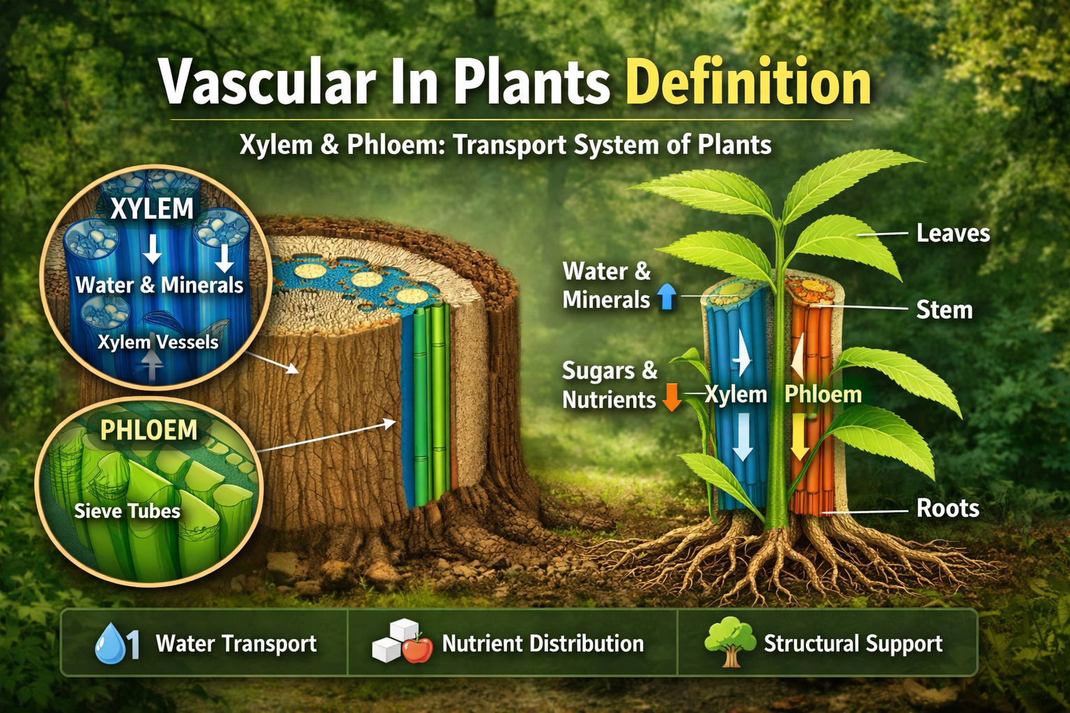 Educational diagram showing the vascular system in plants, illustrating xylem and phloem tissues transporting water, minerals, and nutrients from roots to stems and leaves.