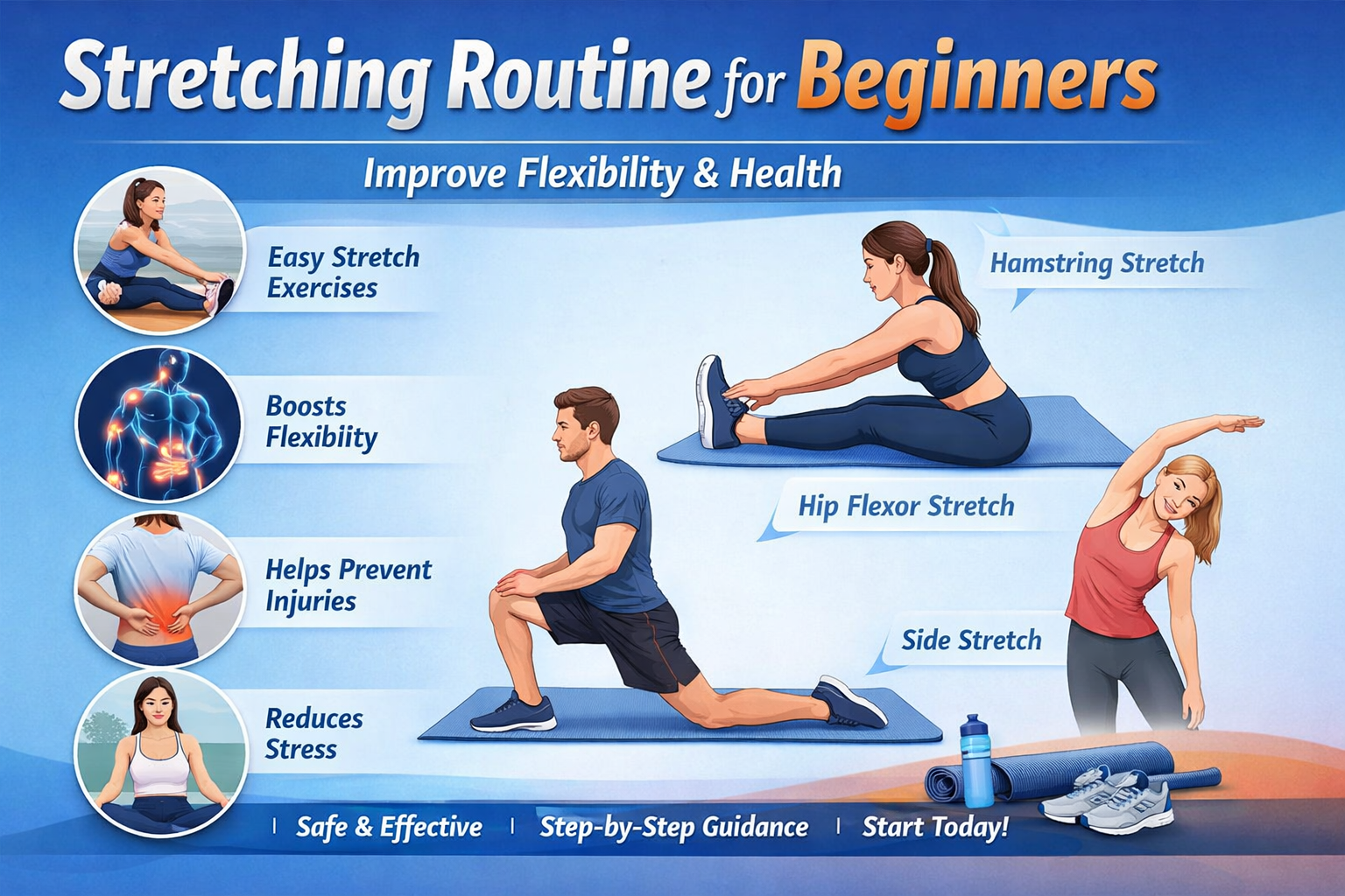 Stretching routine for beginners showing simple full-body stretches to improve flexibility, posture, and injury prevention