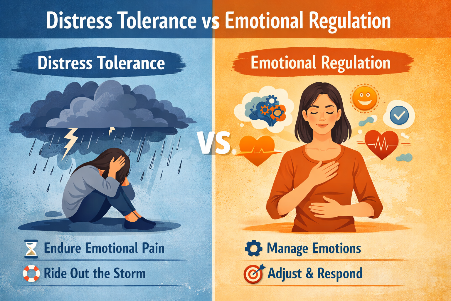 Illustration Comparing Distress Tolerance Vs Emotional Regulation With Clear Visual Differences In Emotional Coping Strategies And Psychological Skills