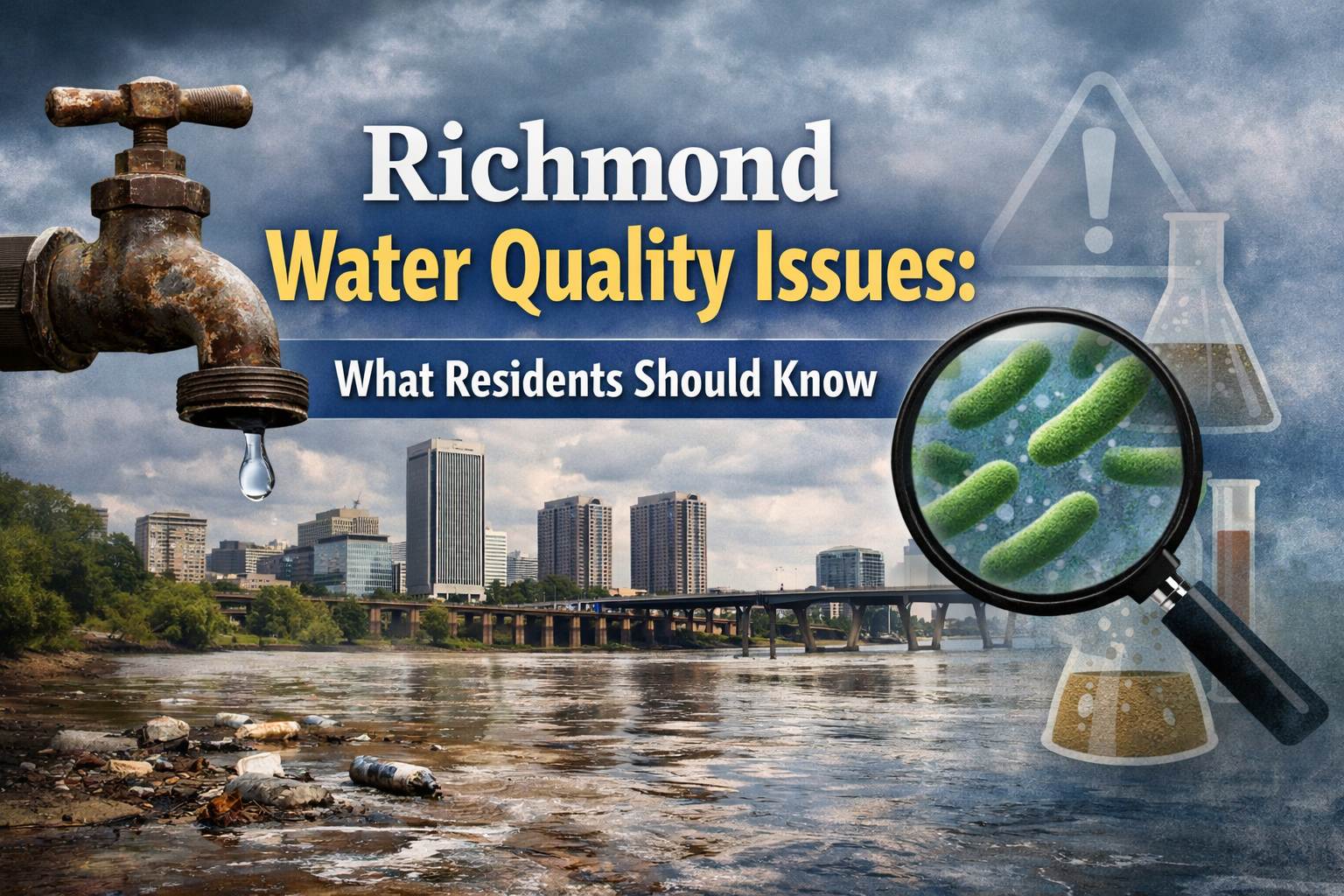 Richmond city skyline with a polluted river in the foreground, a dripping rusty faucet, and a magnifying glass showing bacteria, illustrating water quality issues residents should know about.
